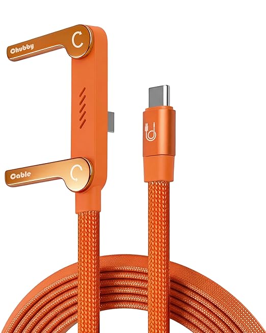 chubbycable StandLite 240W Braided Fast Charge Cable with Built-in Phone Stand T-Shaped Foldable Durable USB-C Cord 90 Degree USB C Cable Right Angle Multi-Functional Charger Cord, Orange, 4.9FT