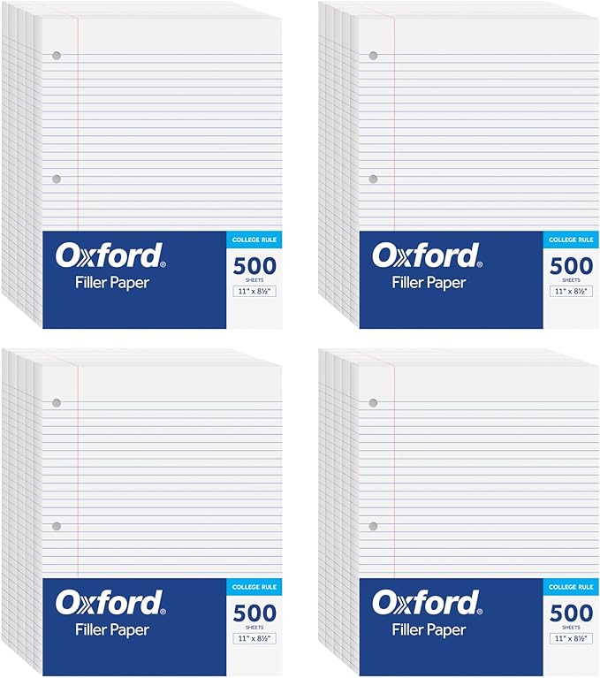 Oxford Loose Leaf Paper, 2000 Sheets, College Rule Filler Notebook Paper, 8-1/2" x 11", 3-Hole Punched Fits 3-Ring Binders, 4 packs of 500 (62331)
