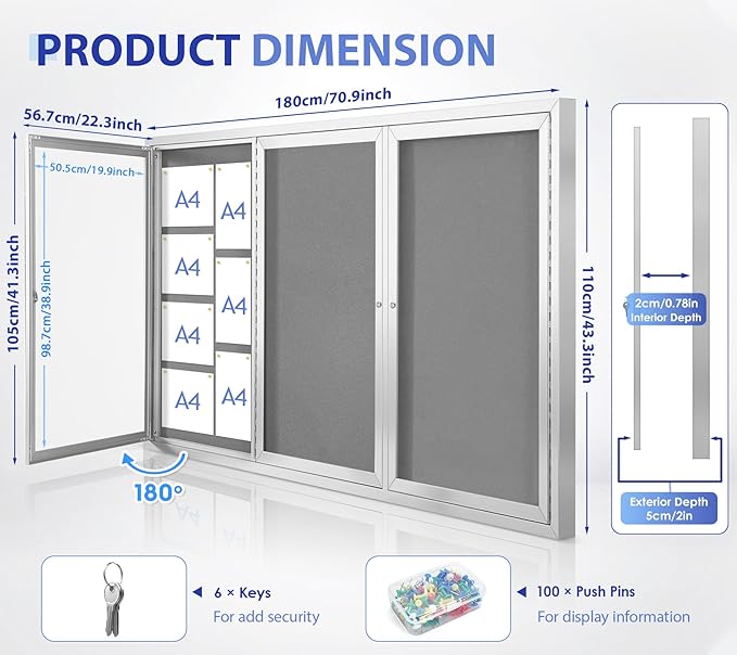 SWANCROWN Outdoor Bulletin Board 70x43in, Enclosed Bulletin Board with Locking Door for Office School Commerce, Grey Felt, Sliver Aluminum Frame