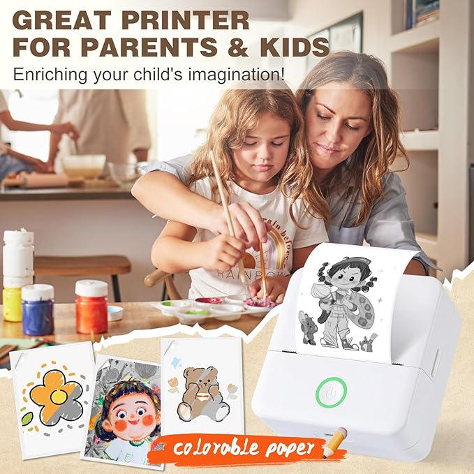 cudinham Print Pods Mini Printer, Sticker Printer with 10 Rolls Thermal Printing Paper, Inkless Pocket Printpod for Phone, Impresora Portátil for Notes, DIY, Compatible with iOS & Android (White)