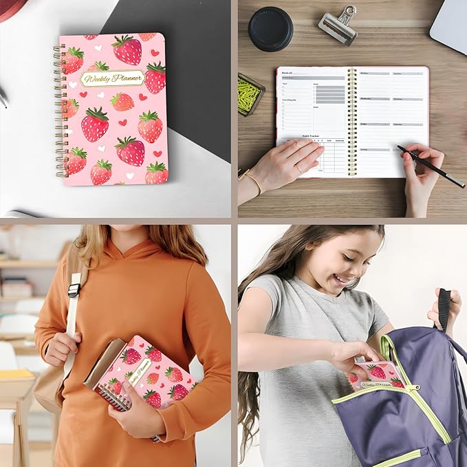 Weekly Planner Undated - 52 Weeks To Do List Notebook A5 for Work: Weekly Task, Habit Tracker Journal, Goal Setting, Agenda Sprial Bound Organizer Book Women Cute Stylish Design, Strawberry
