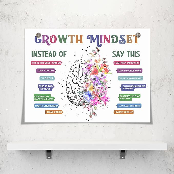 Classroom Growth Mindset Positive Affirmations Quotes Kids Mental Health Posters Brain Psychology Special Education Calm Corner Wall Art Office Therapy Canvas Wall Decor Prints 12x16in Unframed