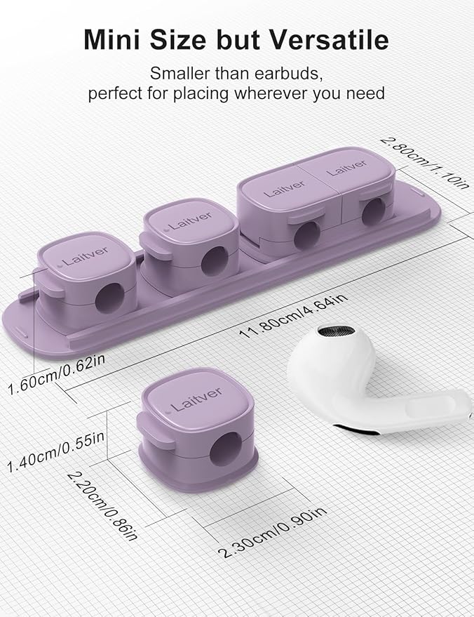 6 Pack Magnetic Cable Clips [1s Open/Lock], Laitver Cord Organizer Holder Strong Adhesive Desk Cable Management- Organize Charging Cords Neatly for Home, Office, Car,Desk, Nightstand-Purple