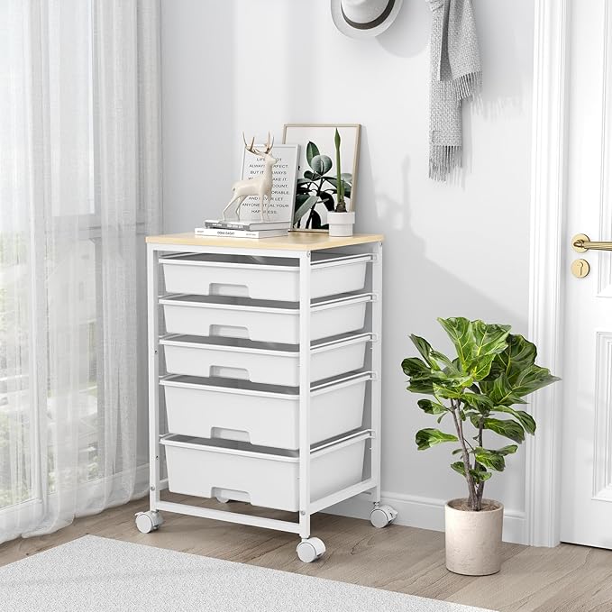 Utility Cart with 5 Drawers,Storage Drawer Cart with Wooden Tabletop and Lockable Wheels,Craft Storage Trolley Cart,5-Tier Rolling Utility Cart on Wheels,Bright White