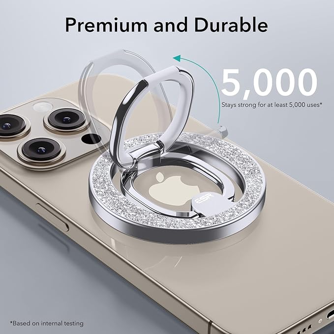 ESR Magnetic Phone Ring Holder, Compatible with MagSafe Ring Holder, Magnetic Phone Grip with Adjustable Stand, Compatible with MagSafe Phone Grip, for iPhone 16/15/14/13/12, S25, Rhinestone Silver