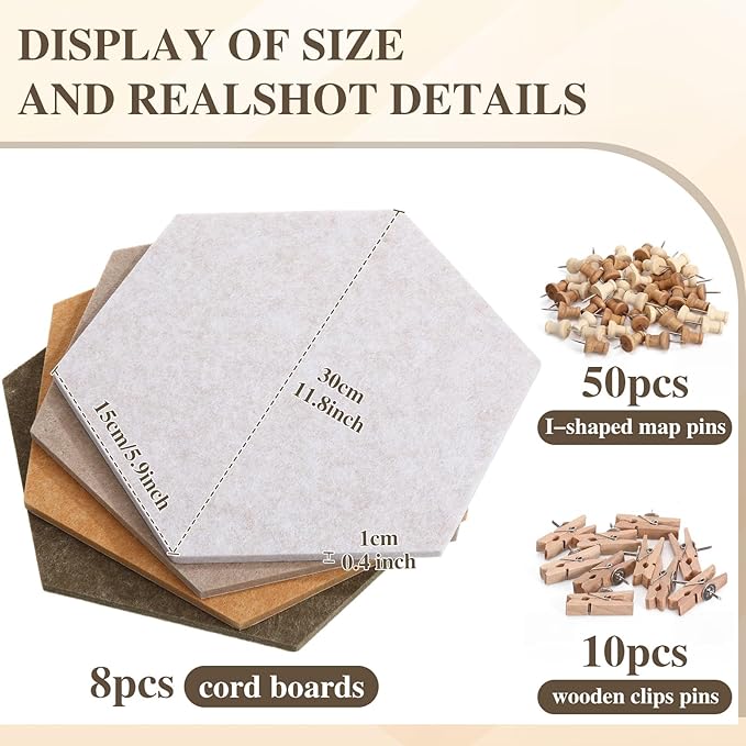 8 Pcs 12" Large Hexagon Felt Cork Board Tiles Self Adhesive DIY Bulletin Board Pin for Office Home Wall Decor Stickers Memos Photos Display with 10 Multi-Color Clip Drawing Pins (Burlywood)