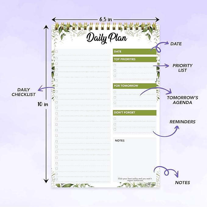 Decorably 52 Sheets Forest-Themed Undated Daily Planner Notepad, 6.5x10in Spring-Bound, Easy Tear-Off Design, with to-do List, Priorities, Checklist, Agenda, Reminders, Notes - Home, School, Office