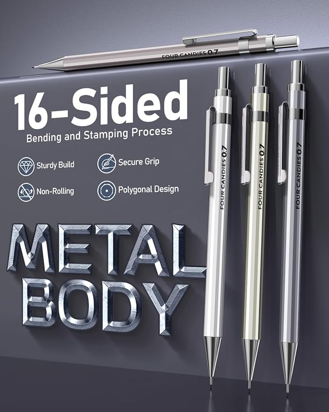 Four Candies 8PCS Metal Mechanical Pencils - 0.5 & 0.7mm with 8 Tubes HB #2 Lead Refills, Eraser Set and Eraser Refills, 20-Count Pack with Case, Lead Pencils Mechanical for Writing, Drawing, Drafting