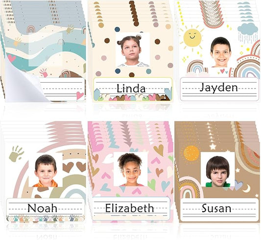 42pcs Rainbow Desk Name Tags Boho Kids Photo Nameplates for Desk Morandi Student Name Plates for Classroom Kindergarten Labels Stickers with Photo Self Adhesive Colorful Classroom Decoration