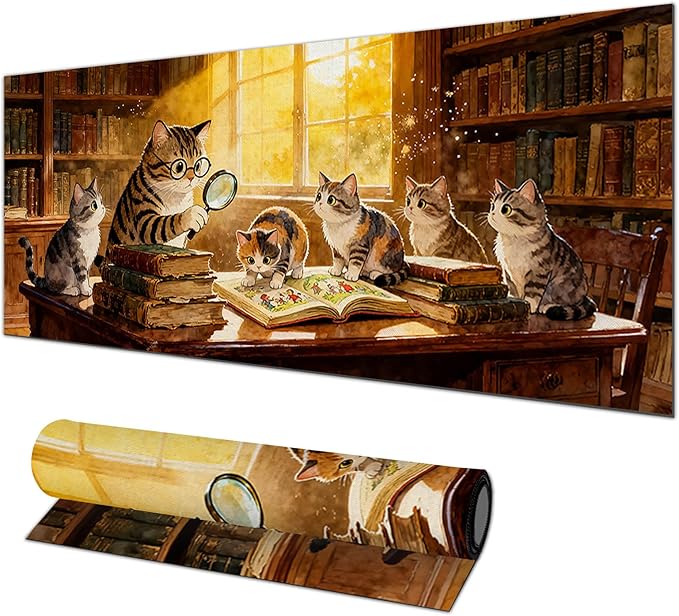 XL Mouse Pad 31.5 x 11.8 Inch Gaming Mousepad Diatomite Large Keyboard Mouse Pad for Home and Office Desk Accessories with Cozy Library Cat Study Artwork