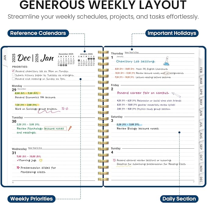 2026 Planner, Weekly and Monthly Calender Planner, Jan 2026 to Dec 2026, Hardcover 2026 Calendar Book with Tabs & Inner Pocket, Office Home School Supplies for Women & Men - A5 (6.3" x 8.5"), Navy Blue