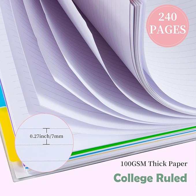 5 Subject Notebook College Ruled, A5 Spiral Notebook with Removable Pocket Dividers Tabs, Lined Organizer Notebook Journal for Women, 240 Pages Notebooks for Work School Note Taking, Blue Marble