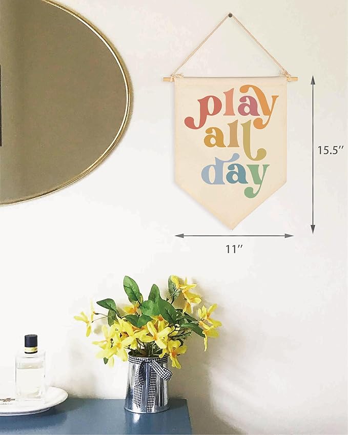 Boho Banner Flag Sign Pennant Poster Wall Decor Gift for Boy Girl Kid,Nursery Baby Room Bedroom Reading Room Playroom Door Above Crib-Play All Day-Baby,Shower,Birthday Christmas Gift-15.6"x11"