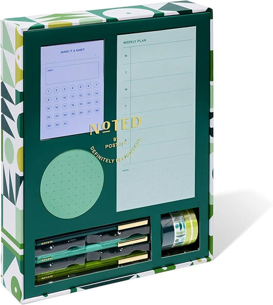 Noted by Post-it Printed Notes Gift Box, 5 Piece Set, Cool Colors, Includes Round Sticky Notes, Habit Tracker Sticky Notes, Weekly Sticky Notes, 3-Pack Pens, 3-Pack Washi Tape (NTD-Box-LGR)