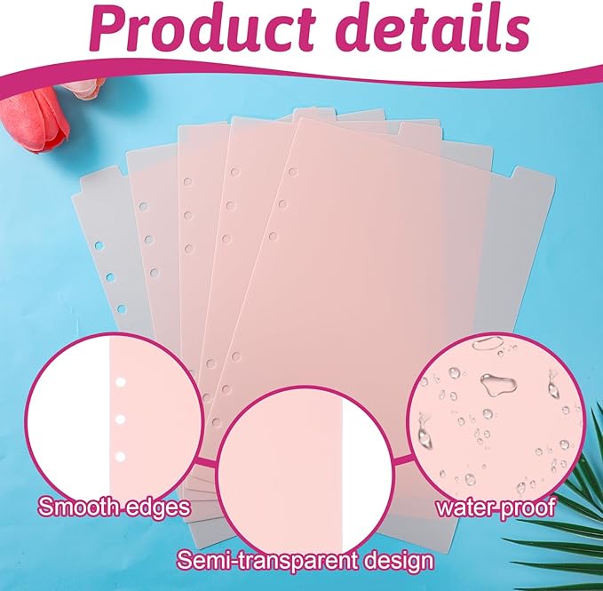 2 Set 6-Ring A5 Binder Dividers, Top 5 Tabs Plastic Binder Index Dividers for 6-Holes Ring Binders, Planner Insets Pink Vertical Tabs Divider Page Protectors for School Office Home Notebook Planner