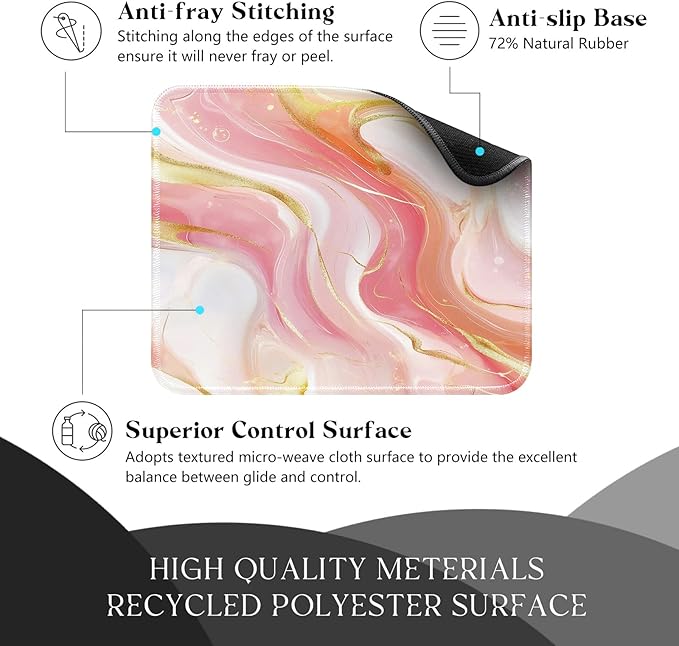 Pink Marble Desk Pad Mat with Stitched Edges and Non-Slip Rubber Base, Premium-Textured Mouse Pad for Laptop, Computer & PC, Gaming & Working, Waterproof Mousepad