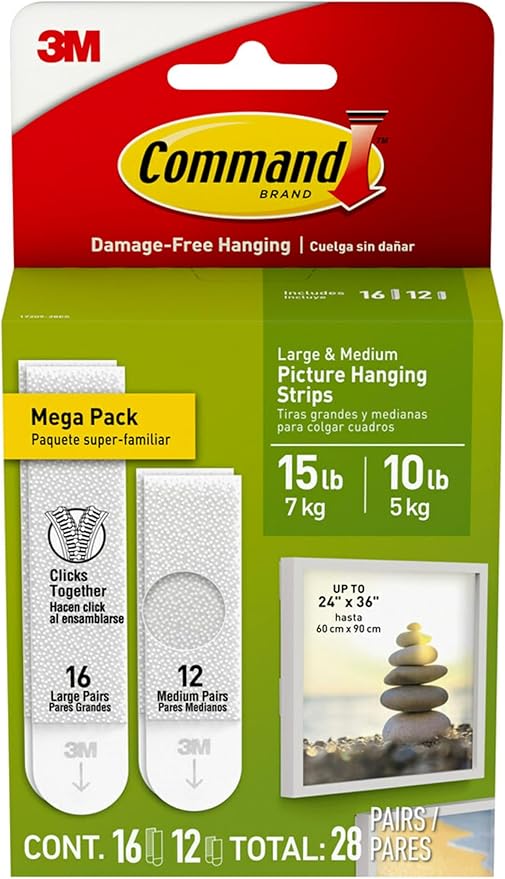Command 15 lb & 10 lb Large and Medium 28 Pairs Picture Hanging Strips (56 Strips), Damage-Free Hangers for Picture Frames, No Tools Required, Great for Home Room Wall Decor, White Adhesive