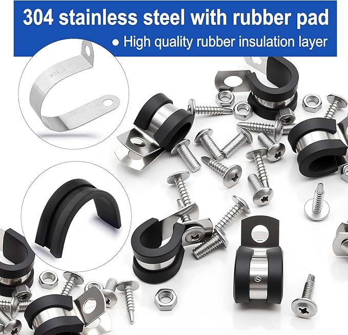 Taiss 136PCS Cable Clamps Assortment Kit 304 Stainless Steel Rubber Cushion Pipe Clamps 10 Sizes 1/4" 5/16" 3/8" 1/2" 5/8" 3/4" 1" 1-1/4" 1-1/2" 1-3/4" Metal Wire Clamps (with Two Kinds of Screws)