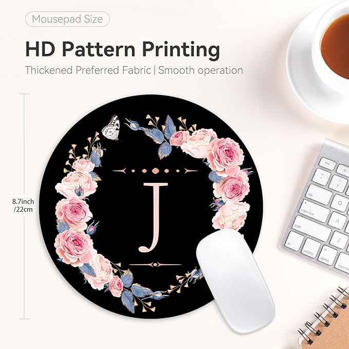 Letter J Black and Pink Flowers Round Mouse Pad, Funny Small Mouse Mat with Non-Slip Rubber Base, Home Office Decor Desk Accessory, 8.7 inch Round