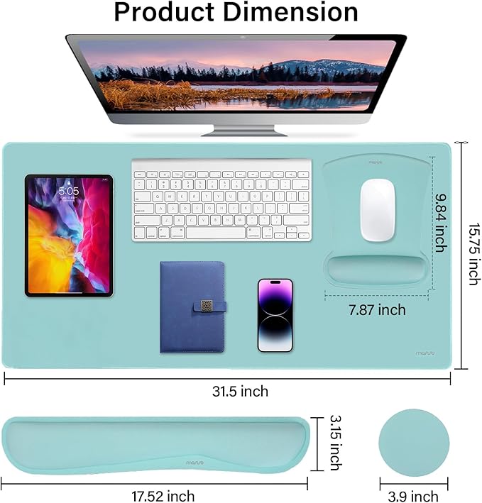 MOSISO Keyboard Mouse Pad Set, Large Gaming Mousepad&Keyboard Wrist Rest&Mouse Wrist Rest&Coaster, Ergonomic Non-Slip Mousepad&Easy Typing Cushion with Memory Foam for Home Office, Aquamarine