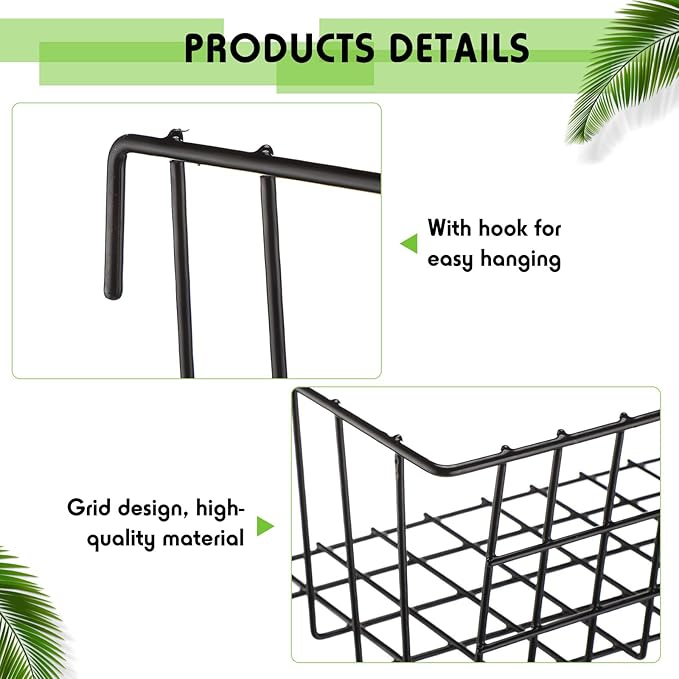 9 Pcs Grid Wall Shelves Gridwall Accessories Wall Grid Panel Hanging Basket with Hooks Set Includes 3 Basket 3 Wire Straight Shelf 3 Hooks Rack for Home Storage Display Organizer(Black)