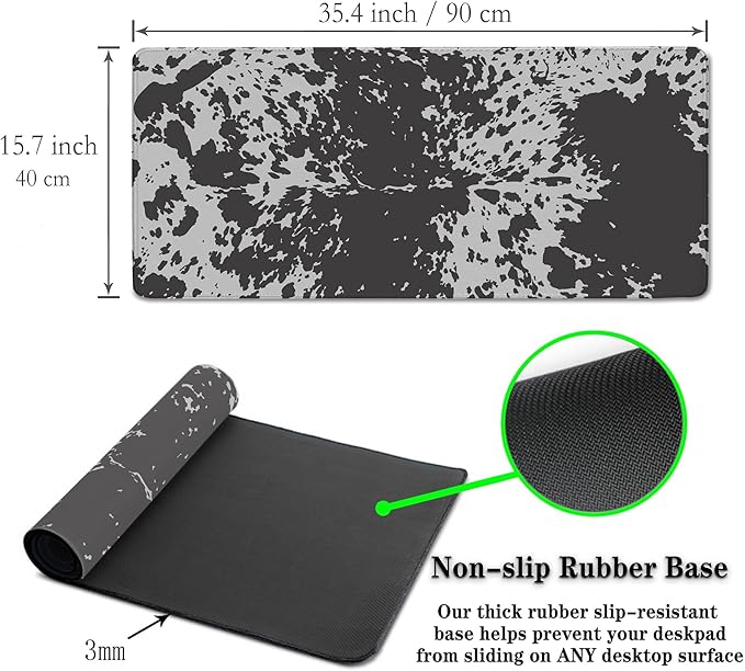 Big Mouse Pads Black Gaming Mousepad Computer Desk Mat Cute Desk Mat Non-Slip Rubber Base Waterproof with Stitched Edges 35.4 X 15.7 for Game Office, Horse Hide Animal Print