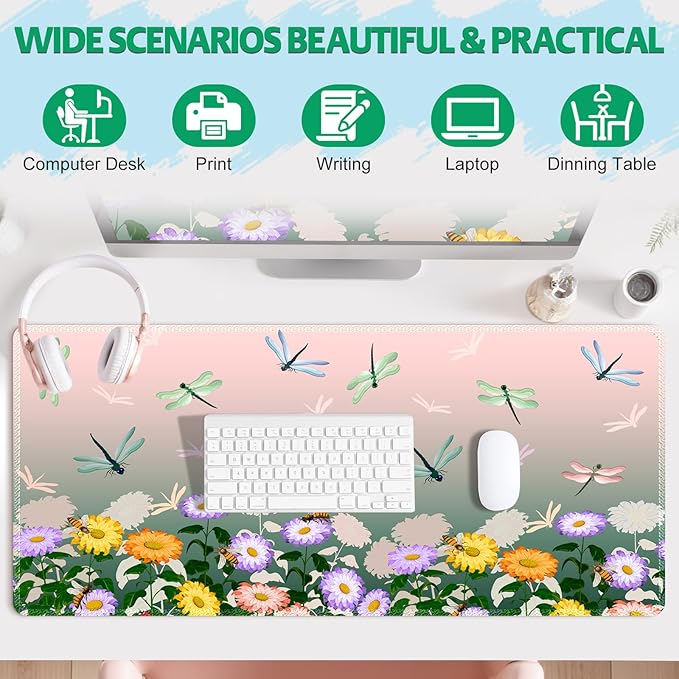 Pink Green Desk Pad Mouse Pad, Large Gaming Mouse Mat with Stitched Edges, Non-Slip Waterproof Rubber Base Mous Mat for Women Office Computer Keyboard Laptop Home (35.4X17.5 in), Floral & Dragonfly