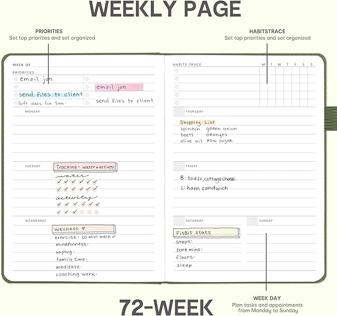 And Per Se Undated Planner – A5 Leather Hardcover Weekly & Monthly Goal Planner for 72 Weeks (1.5 Years) – with Goal & Habit Tracker (Olive Green)