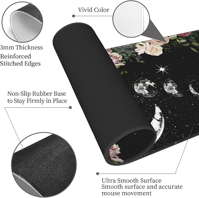 Pale Roses Moon Phase Witchy Tarot Black XXL XL Large Gaming Mouse Pad for Desk, Non-Slip Long Extended Keyboard Pads Mousepad Rubber Table Mat 31.5 X 11.8 Inch