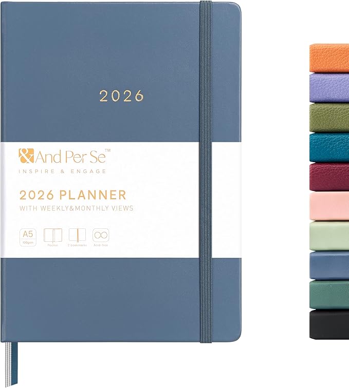 And Per Se 2026 Planner-Daily, Weekly & Monthly Leather Hardcover Planner, 5.7" x 8", Daily Schedule, 100 GSM Thick Paper, Back Pocket(Dark Blue)