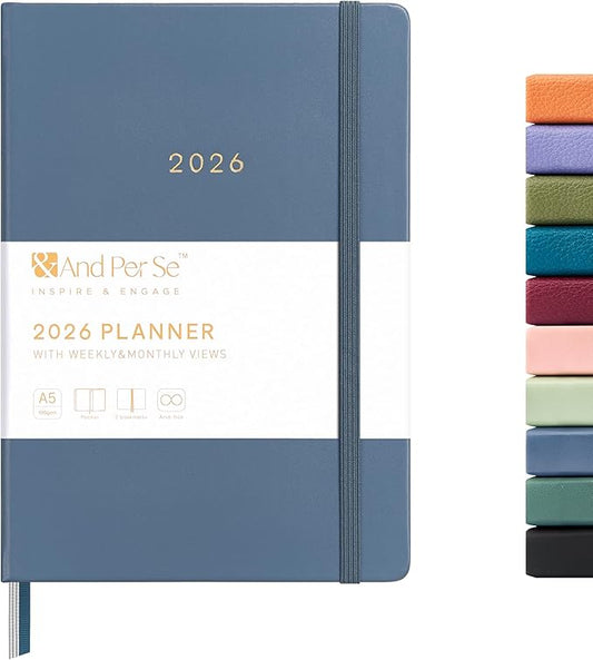 And Per Se 2026 Planner-Daily, Weekly & Monthly Leather Hardcover Planner, 5.7" x 8", Daily Schedule, 100 GSM Thick Paper, Back Pocket(Dark Blue)