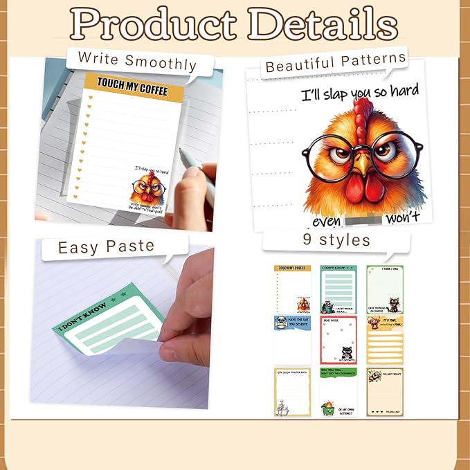 Funny Sticky Notes Gifts - 9 Pack Funny Notepads for Work 3x4 Inch, Fun Self-Stick Memo Pads Gifts for Coworkers, Sarcastic Work Gag Office School Supplies (450 Sheets)