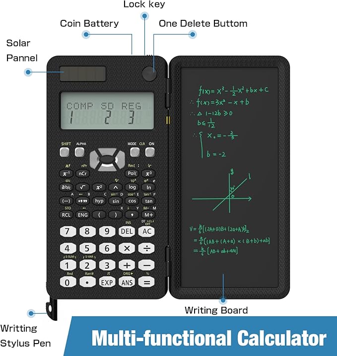 Scientific Calculator for Students with Notepad, ROATEE Middle and High School Supplies for Students, 82 MS Foldable 2-Line Display Science Calculator with Writing Tablet, Solar and Battery Powered