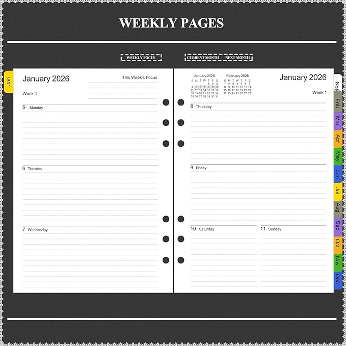 Tiankool 2026 Planner Refill for A5 6-Ring Binder,Weekly & Monthly Planner Inserts Runs from Jan 2026 to Dec 2026, 5-3/4" x 8-1/4"