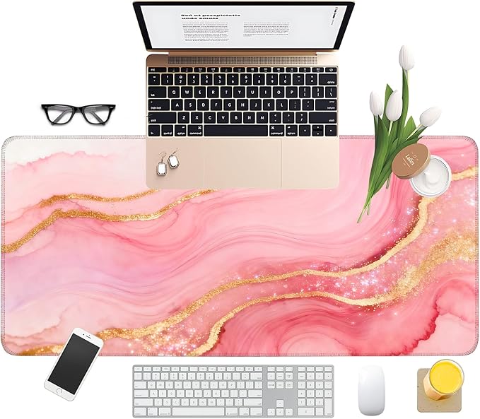 Extended Gaming Mouse Pad Large Desk Mat Anti-Slip Rubber Base & Durable Stitched Edges for Gamers Smooth Mouse Writing Surface for Desk Office/Home (Pink and Gold Stripes, 35.4x15.7Inch)