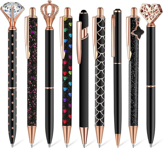 Janmini 9 Pcs Ballpoint Pens Set Metal Crystal Diamond Glitter Pens for Journaling Black Ink Pretty Cute Things Fancy Stationery Gifts for Women Girls Birthday Home Office Desk(Black)