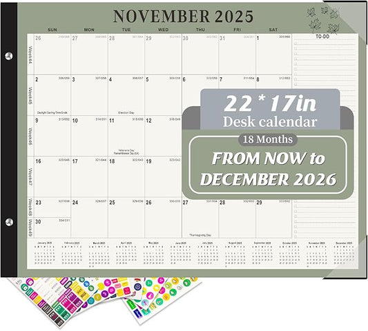 Gannyfer Desk Calendar 2026, Large 2026 Desk Calendar 22" x 17", Now - Dec 2026, 18 Monthly Academic Desktop Calendar with To-Do List and Notes, Plastic Cover, Thick Paper, 2026 Calendar for Planning and Organizing(6 Stickers)