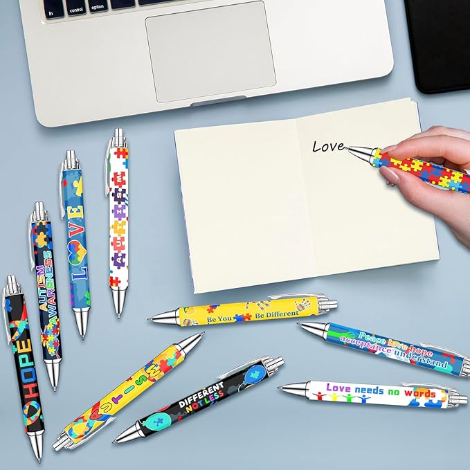 Idealmuzik Autism Awareness Ballpoint Pens, 10 Pack – Inspirational Quote Pens with Puzzle & Heart Designs, Encouraging Writing Pens for Office, School, Events & Everyday Use