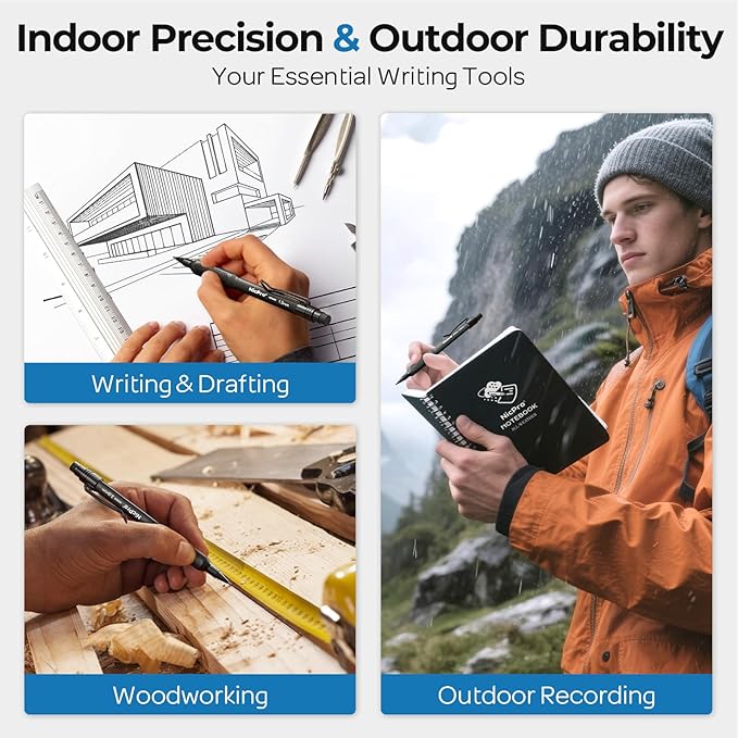 Nicpro 3 Pack Weatherproof Mechanical Pencil Set, 1.3mm Mechanical Pencils, Heavy Duty Lead Pencil for Outdoor All Weather Marking Drafting Drawing with 48 Lead Refills, Erasers, Case (Black, HD1000)