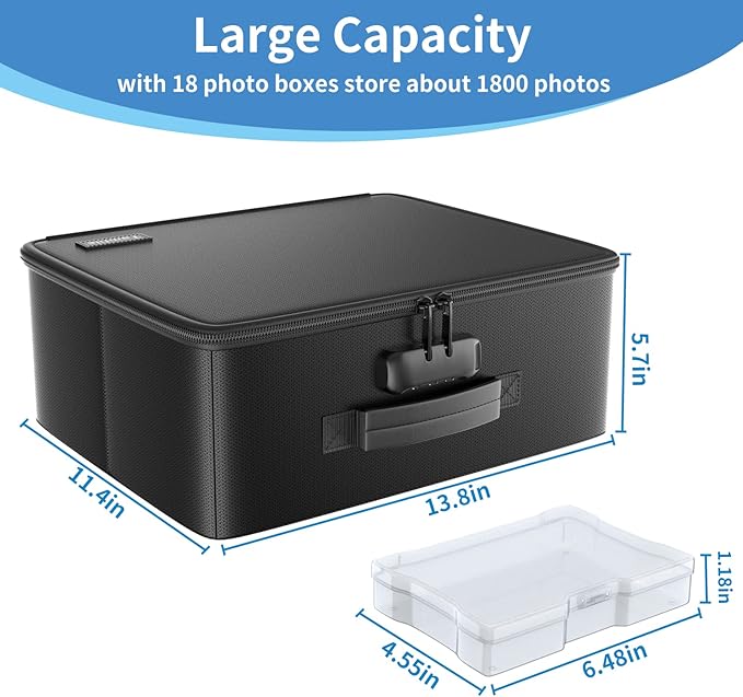 Fireproof Safe Photo Storage Box with 18 Inner 4" x 6" Clear Photo Cases, Portable Photo Organizer with Lock for Picture, Collapsible Photo Container with Handle and 18 Boxes 4 Sheet Label Stickers
