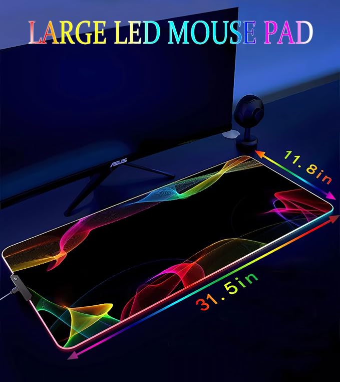 RGB Gaming Mouse Pad, Large Mousepad with Led Light, Gaming Accessories Keyboard Pad for Desk, Non-Slip Rubber Base Big Mouse Mat for Gamer, 31.5 X 11.8 Inch, Colorful