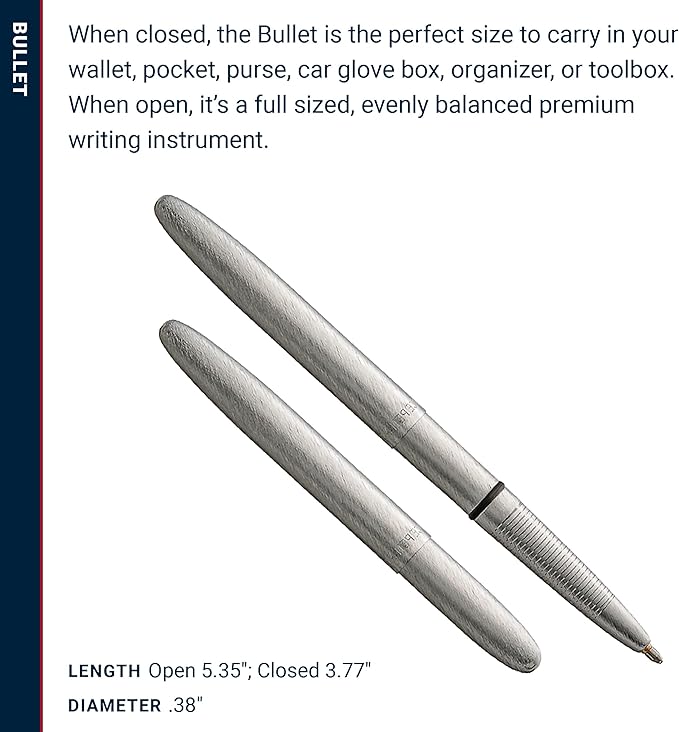 Fisher Space Pen Bullet Space Pen, Brushed Chrome Pressurized Ballpoint Pen, Compact Size, Writes Upside Down and in Extreme Temperatures, Smooth Black Ink, Medium Point, Gift Box, Made in the USA