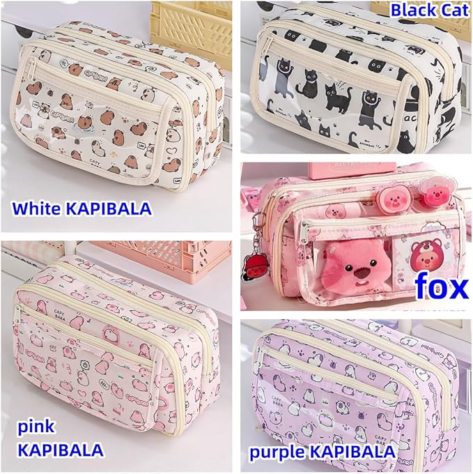 Cute Kawaii Pencil Case Pouch Cartoon Pen Box Holder Organizer for Office Workspace Supplies Desk Accessories Travel Essentials Aesthetic Trendy Cool Stuff Gift Large Capacity (White Kapibala)