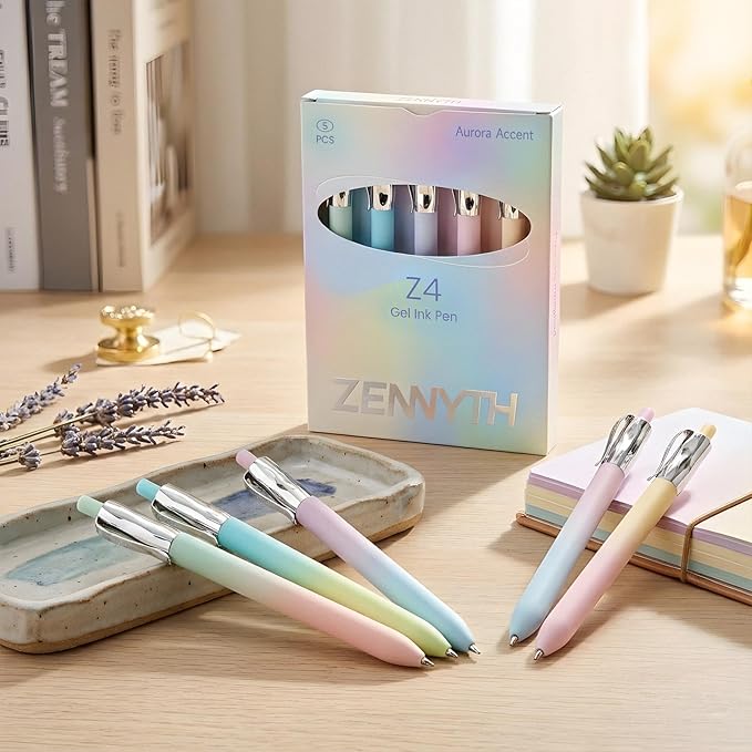 5 Pcs Gel Pens, 0.5mm Black Ink Fine Point Quick-Drying Retractable Pens with Metal Clip, Smooth Writing Pens for School & Office, Journaling & Note Taking (5 Pcs Z4 Aurora)