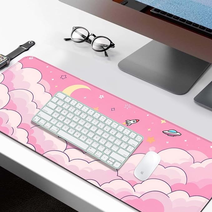 Minimalist Pink Gradient Clouds XL Large Desk Mat, Extended Long Star and Moon Desk Pad for Gaming and Office, Non-Slip Rubber Base, Comfortable Surface Sky Mouse Pad, 31.5x11.8 in
