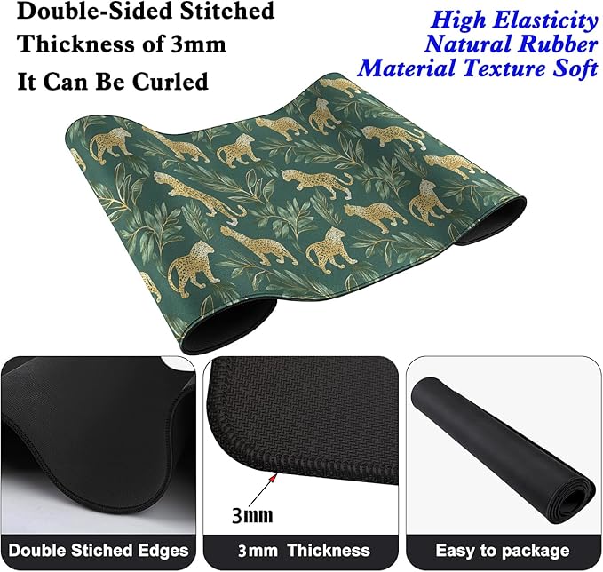 Leopard Desk Pad Mouse Pad,XL Extend Leaves Gold Mouse Mat with Stitched Edges for Gift,Non-Slip Rubber Base Mousepad for Office PC Keyboard Laptop and Home Work Desk Mat(31.5X11.8 in)