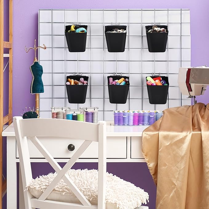 6 Pack Large Gridwall Cups Gridwall Storage Bin with Hooks Hanging Baskets Square Box Shape Hanging Cup Holder Gridwall Accessories for Garage Workbench Office Playroom Home Kitchen(Black)