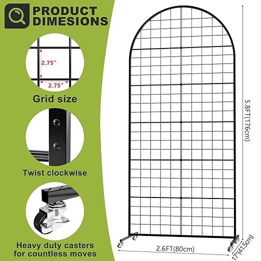 Grid Wall Panel 1PCS Display Stand 2.6' x 5.8' FT Black Grid Wall Panels Movable Retail Display Racks Floorstanding Gridwall Heavy Duty with Wheel for Art Craft Photo Displays Fair Trade Show