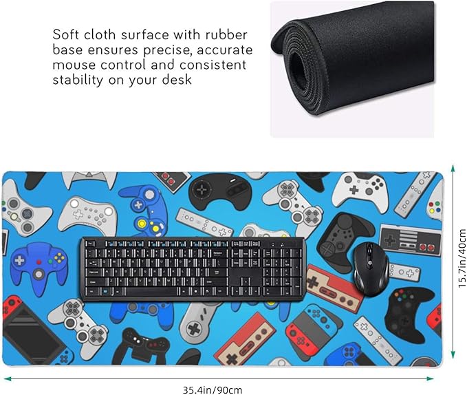 Video Game Controller Blue Mouse Pads XXL Extended Mousepad with Stitched Edges Gaming Theme Non-Slip Rubber Base Computer Keyboard Pad Desk Mat for Home Office Desk Decor, 35.4" X 15.7"