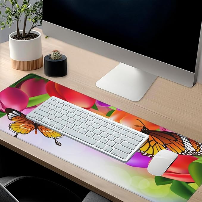 Extra Large Mouse Pads Tulip Flowers and Butterflies XXL Extended Mousepad with Stitched Edges Non-Slip Rubber Base Computer Keyboard Pad Desk Mat for Home Office Desk Decor, 35.4" X 15.7"